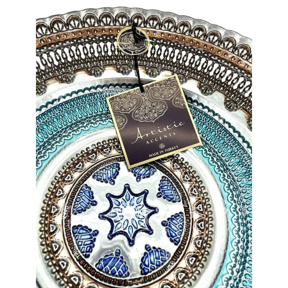 Turkish Glass Round Bowl Dinner Blue Silver Brown Lace Print 13.5